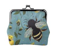 Bees at Work Print Coin Purse for Women Cute PU Leather Kiss-lock Change Purse Wallet, Black, One Size, Pattern