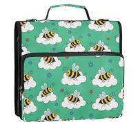Bees Clouds Green Print 3 Ring Zipper Binder with Shoulder Strap Handle 1.5 inch Ring Binder case 500 Sheets Capacity Multiple Pockets for School Office Supplies