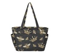 Bees Crowns Black pattern Quilted Tote Bag for Women, Lightweight Puffy Shoulder Bag with Zipper and Compartments Large Capacity Handbag for Travel Gym Work