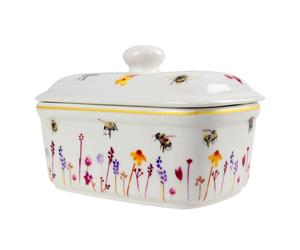 Bees & Flowers Ceramic Butter Dish w/ Lid Floral Print by Jennifer Rose