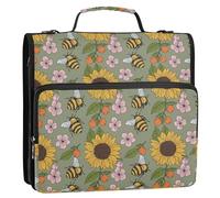 Bees Flowers Green Pattern 3 Ring Zipper Binder with Shoulder Strap Handle 1.5 inch Ring Notebook Binder 500 Sheets Capacity Multiple Pockets for School Office Supplies