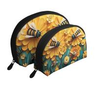 Bees Flowers Printed Makeup Bags 2-Piece Portable Shell Travel Toiletry Bag