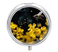 Bees Flying Over Flowers Pill Box Cute Round Pill Case Portable Medicine Tablet Vitamin Holder Organizer for Purse Pocket