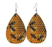 Bees On Hive Faux Leather Teardrop Earrings, Fashion Lightweight Drop Dangle Earrings Leather Earrings For Women Weddings, Parties, Ceremonies, Banquets, Gifts