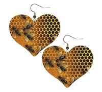 Bees on hive Leather Earrings for Women Heart Earring Lightweight Dangle Earrings Jewelry Gifts, One Size, No Gemstone