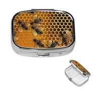 Bees On Hive Pill Box with Mirror, 2 Compartment Small Pill Case for Purse Or Pocket Mini Metal Pill Holder Travel Weekly Medicine Tablet Vitamin Holder Organizer Travel Gifts