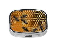 Bees on hive Print Pill Box Square Pill Case 2 Compartment Small Metal Medicine Organizer Portable Travel Pillbox for Pocket Purse Cute Mini Pill Container to Hold Daily Vitamins