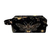 Bees Plants Flowers Phases of the Moon Stars Pattern Women Cosmetic Make Bag with Handle, Portable Hanging Travel Toiletry Bag, Soft Make Up Pouch Pencil Case for Kids