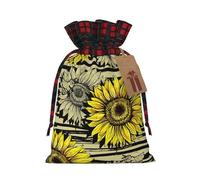 Bees Sunflower Print Christmas Party Gift Bags, Linen Drawstring Xmas Holiday Wedding Treat Candy Jewelry Sacks, Color Blocking Plaid Fabric