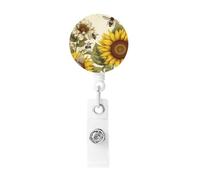 Bees Sunflowers Daisy Rose Flowers Badge Reel Retractable Badge Holders Lightweight ID Badge Reels Cute Nurse Name Card Holder with Keychain Funny ID Badge Clip for Men Women