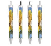 Bees Sunflowers Daisy Rose Flowers Ballpoint Pens Retractable Black Ink Ballpoint Pens 0.5mm Medium Point Smooth Writing Pattern Pen with Super Soft Grip Cute Work Supplies for Men Women 4 PCS