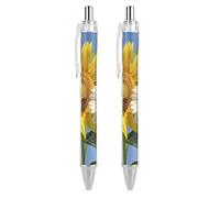 Bees Sunflowers Daisy Rose Flowers Ballpoint Pens Retractable Black Ink Ballpoint Pens 0.5mm Medium Point Smooth Writing Pattern Pen with Super Soft Grip Cute Work Supplies for Men Women 2 PCS