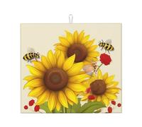 Bees Sunflowers Daisy Rose Flowers Dish Drying Mat for Kitchen Counter 18x16 Inch Microfiber Dish Drying Pad Absorbent Dishes Drainer Mats for Kitchen Countertops Sinks Draining Racks