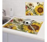 Bees Sunflowers Daisy Rose Flowers Dish Drying Mat for Kitchen Counter Super Absorbent Microfiber Drainer Mats Large Size Dish Drying Pad Quick Drying Dish Rack Pad 18"x 24"