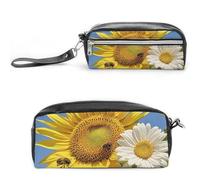 Bees Sunflowers Daisy Rose Flowers Pencil Case - Large Capacity Pencil Pouch with Double Compartments PU Leather Zippered Organizer Bag for Office & Travel | Water-Resistant Cosmetic Makeup Bag