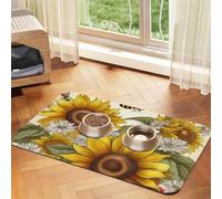 Bees Sunflowers Daisy Rose Flowers Pet Feeding Mat Absorbent Pu Leather Dog Cat Food Mats Contain Spills Protects Floors, Anti-Slip Rubber Backing Dog Bowl Mats Easy Clean Pet Placemats 30x45cm