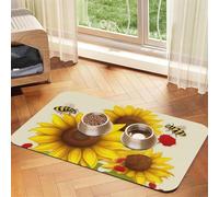 Bees Sunflowers Daisy Rose Flowers Pet Feeding Mat Absorbent Pu Leather Dog Cat Food Mats Contain Spills Protects Floors, Anti-Slip Rubber Backing Dog Bowl Mats Easy Clean Pet Placemats 30x45cm