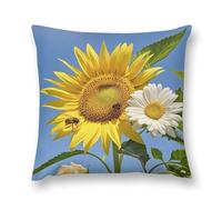 Bees Sunflowers Daisy Rose Flowers Throw Pillow Cover 16 "x16 ", Cute Cushion Cover Decorative Pillow Case with Invisible Zipper - Plush Farmhouse Fall Decor Pillowcase for Couch, Sofa, Bedroom - Holi