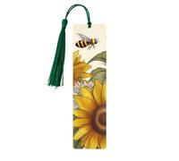 Bees Sunflowers Daisy Rose Flowers Wooden Bookmarks 5 Pcs,Handmade Double-Sided Printed Book Marks Page Markers with Dark Green Tassels Book Accessories Gift for Book Lovers Women Men
