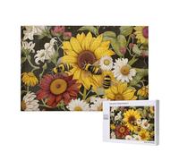Bees Sunflowers Rose Flowers Printed 1000 Pieces Jigsaw Puzzle with Storage Box, Wooden Puzzle for Adults and Kids, Family Fun Decorative Game, 75x50 CM
