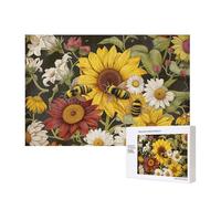 Bees Sunflowers Rose Flowers Printed 300 Pieces Jigsaw Puzzle with Storage Box, Wooden Puzzle for Adults and Kids, Family Fun Decorative Game, 40x28 CM