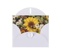 Bees Sunflowers Rose Flowers Prints Pearl Paper Horizontal Festival Greeting Card for Birthday Cards and All Occasions, White