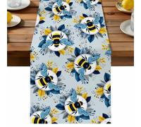Bees Table Runner, Yellow Blue Leaves Bee Blue Texture Cotton and Table Linen Runner for Kitchen Dining Home Decor for Party Festival Holiday Decoration Gift 13x70in