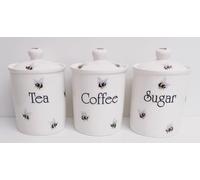 Bees Tea Coffee Sugar Canisters Set of 3 Fine Bone China Bumblebee Storage Jars Hand Decorated in UK.