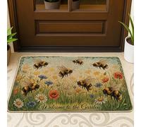 Bees Welcome Door Mat, Garden Natural Flowers Daisies Spring Green Washable Low Profile Entry Mat Outdoor Decor for Front Door Entryway Patio 29x17 Inch