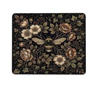 Bees Wild Rose Botanical Small Mouse Pad | Botanical Illustration, Wild Roses, Climbing Ivy Vines, Moody Dark Theme, Rustic Aesthetic, Vintage Nature Style