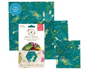 Bees WRAP Food Wrap Ocean Print Assorted Sizes, 1 EA | Organic Beeswax Wraps - Small, Medium & Large - Plastic Free - Reusable Food Storage - Cheese & Produce - Made in USA