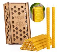 Beeswax Candle Set Taper FLAPINKO Handmade, 20 pcs Slighlty Narrow | 100% Pure, Organic,Natural, Cotton Wick|Honeycomb Texture|Real Bees Wax Candles Gift Set with Wooden Box|Premium,Dinner,Bistro