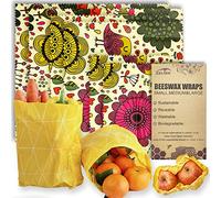 Beeswax Reusable Food Wraps - (6 Packs, 3 Sizes S,M,L, with 1 Meter Hemp Rope, Two Buttons) Plastic and Silicone Free, Eco-friendly Wrap, Wax Paper for Food,Flower Bee & Bird