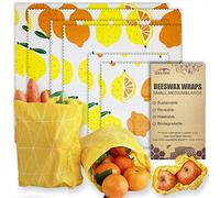Beeswax Reusable Food Wraps - (6 Packs, 3 Sizes S,M,L, with 1 Meter Hemp Rope, Two Buttons) Plastic and Silicone Free, Eco-friendly Wrap, Wax Paper for Food,Orange Lemon