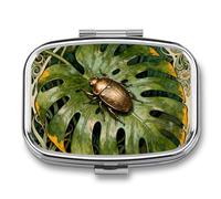 Beetle Monstera Leaf Pill Box 2 Compartments Portable Travel Pill Case Mini Medicine Organizer for Pocket Purse Metal Waterproof Medicine Container Holder Vitamin Fish Oil