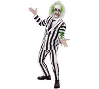 Smiffys Beetlejuice Adult Costume with Shirt Dress Collar Mock Tie and Cuffs Black and White Stripes Purple Zip Up Front Official Warner Brothers Licensed Halloween Costume, Medium