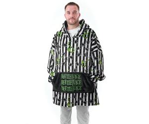 Beetlejuice Wearable Blanket Hoodie | Mens Black & White Stripe Pullover with Beetle and Snake All Over Graphics | Adults One Size Sherpa Lined Hooded Loungewear | Comedy Horror Movie Merchandise
