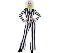 Smiffys Beetlejuice Women's Adult Costume with Jacket Trousers and Tie Black and White Stripes with Writing Down Sleeve Officially Licensed Warner Brothers Halloween Costume, Small