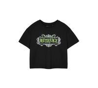 BEETLEJUICE Women's Graphic Tee | Black Crop Top T-Shirt | Short Sleeve Horror Movie Logo Shirt | Casual Everyday Wear | Crew Neck Pullover