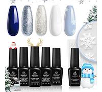Beetles 6 Pcs Gel Nail Polish Set- 5 Colors Glitter White Blue Silver Gel Polish Kit with Strengthener Reinforcement Nail Sticker Snowflakes Soak off UV LED Lamp Winter Manicure Gift