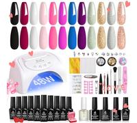 Beetles Gel Nail Polish Starter Kit - 12 Colors with 48W UV LED Lamp, Base and Top Coat, Nude Pink Black White Red Blue, Glitter Powder for DIY Manicure Art