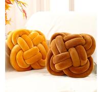 Beeveer 2 Pcs Knot Pillow Balls Set, 12 Inch Soft Decorative Throw Knot Pillow Ball, Large Square Knotted Floor Cushion for Living Room Bedroom Sofa Couch Bed Home Decoration (Caramel Brown, Turmeric)