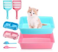 Beeveer 2 Set Kitten Litter Box, 2 Pcs Plastic Small Cat Litter Box Training Low Entry with 2 Scooper, 2 Cat Bowls and 2 Mouse Toy for Small Kitty Starter Kit, 14.5 x 10.6 Inch, Blue and Pink