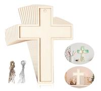 Beeveer 24 Pcs Unfinished Wooden Crosses for Crafts Unpainted Large Blank Wooden Layered Cross for Sunday School Crafts DIY Easter Projects Church Home Wall Decoration with String (5 x 3.62 Inch)