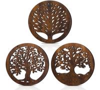 Beeveer 3 Pcs Life Tree Wooden Trivets for Hot Dishes 8 Rustic Round Tree Trivet Set Hot Plate Holders Heat Resistant Polite Trees Coasters for Table Dishes Pots and Pans(Brown)