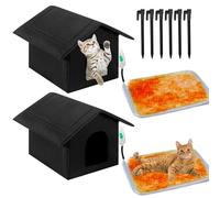 Beeveer 4 Pcs Heated Cat House Outdoor Weatherproof Cat Enclosures with Heating Pad Foldable Cat Shelter Indoor Pet Cave with Tent Stakes for Cat Winter Outside (Black)