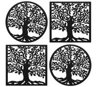 Beeveer 4 Pcs Life Tree Cast Iron Trivet Vintage Round and Square Metal Trivet Decorative Black Trivet Tree with Rubber Feet Caps and Ring Hanger for Pots Pans Hot Dishes Kitchen Countertop Dining