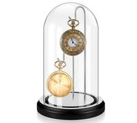 Beeveer 4 x 7 Inch Pocket Watch Glass Display Dome Cloche with 2 Hooks Clear Pocket Watch Display Case Stand Glass Cloche Showcase with Wood Base for Ornaments Medals Collectibles (Black and Silver)