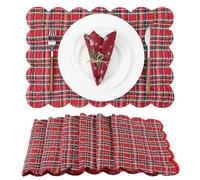 Beeveer 6 Pcs Plaid Quilted Scallop Placemats, 13 x 19 Inches Red Scallop Shape Place Mats Dual Sided Thanksgiving Table Mats for Christmas Fall Holiday Home Dining Party Decorations