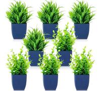 Beeveer 8 Pack Small Artificial Plants in Blue Pot Fake Eucalyptus Potted Plant Indoor Mini Wheat Grass Faux Greenery for Office Desk Accessories Blue Bathroom Decor Coastal Shelf Decor